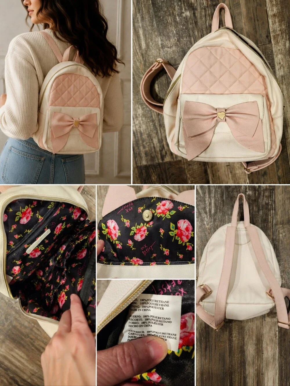 Betsey Johnson Blush Pink Bow Mini Backpack Purse Quilted Faux LeatherFeminine - Picture 2 of 7